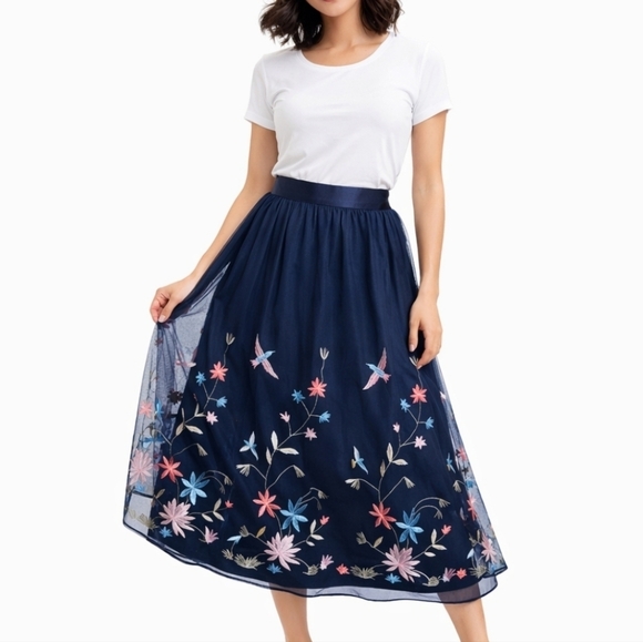 Reserved Dresses & Skirts - Reserved Navy Embroidered Floral Tulle Midi Skirt S